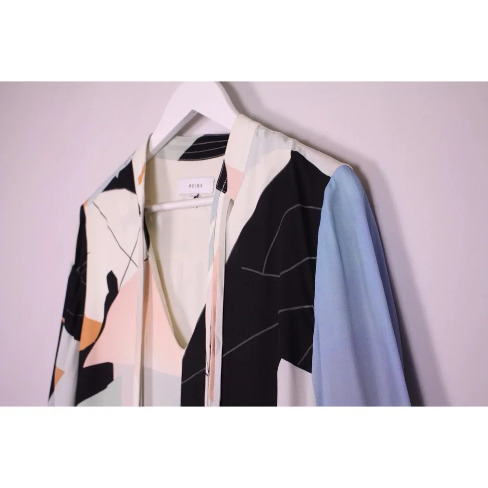 Reiss Mini Dress Rosa Abstract Size 8 Nuanced Collar Tie V-neck  Long Sleeves